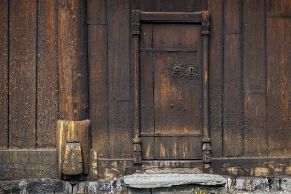 Wooden door, Garmo Stave Church, Maihaugen open-air museum with houses and objects from farms in Gudbrandsdal, Lillehammer am MjÃ¸sa Lake, Innlandet Municipality, Norway