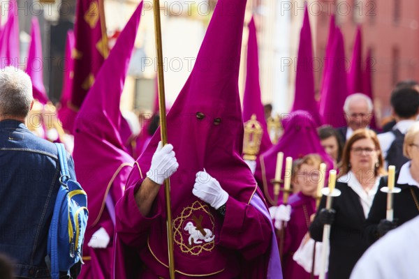 Good Friday procession, religious procession with participants in purple robes, UNESCO World Heritage Old Town of San Crstobal de La Laguna, La Laguna, Tenerife, Canary Islands, Spain