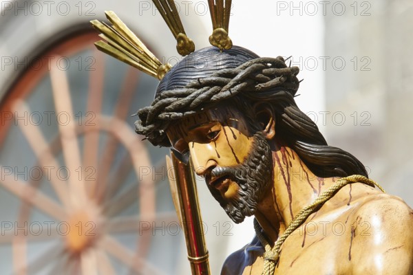Good Friday procession, close-up of Jesus statue with crown of thorns and suffering expression, UNESCO World Heritage Old Town of San Crstobal de La Laguna, La Laguna, Tenerife, Canary Islands, Spain
