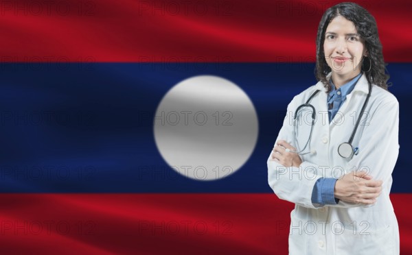 Laotian medicine and healthcare concept Doctor close up against Laos flag background