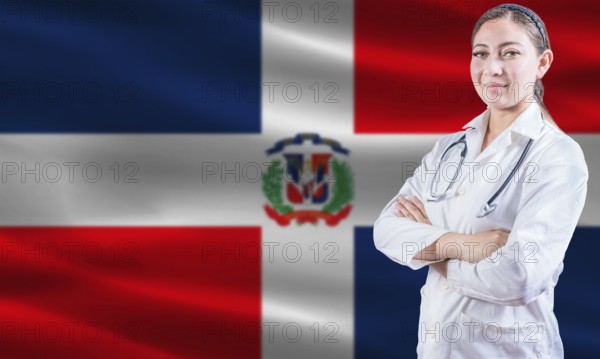 Female doctor on Dominican Republic flag. Doctor with crossed arms on Dominican Republic flag. Dominican Republic health and care concept