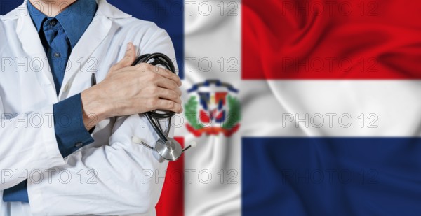 Dominican Republic healthcare concept. Doctor with stethoscope on Dominican Republic flag. Doctor holding stethoscope on Dominican flag