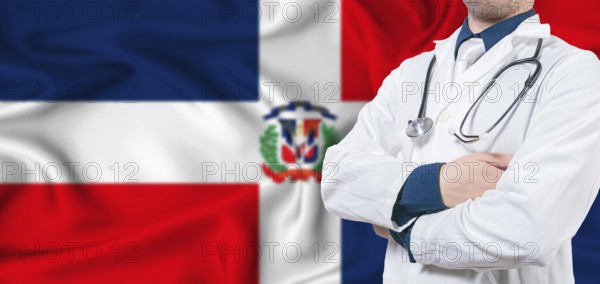 Dominican Republic healthcare concept. Male doctor on Dominican Republic flag. Doctor with crossed arms on Dominican Republic flag
