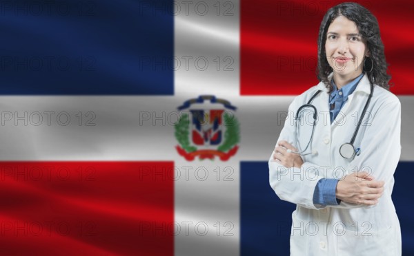 Dominican medicine and healthcare concept. Doctor close up against Dominican Republic flag background