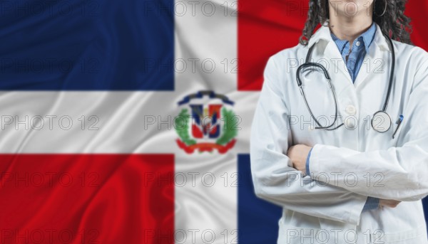 Medical professional on Dominican Republic flag. Healthcare and wellness in Dominican Republic, Concept
