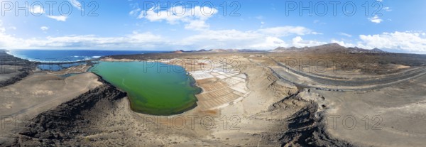 Salt mining plant, Salinas de Janubio and green lagoon Laguna de Janubio, near Yaiza, aerial view, Lanzarote, Canary Islands, Spain