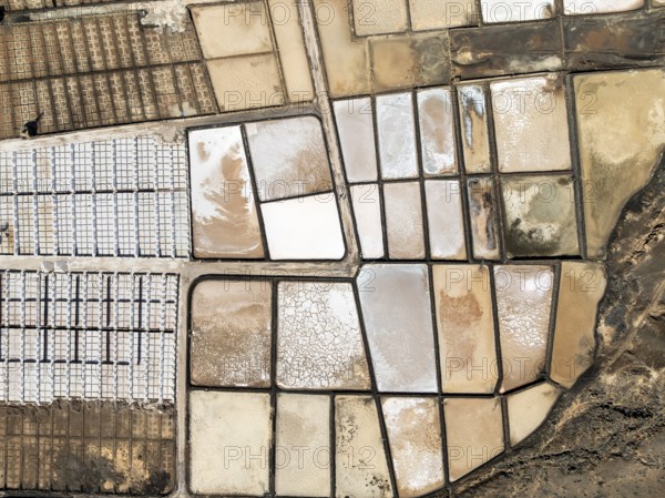 Salt mining plant, Salinas de Janubio, top-down, near Yaiza, drone shot, Lanzarote, Canary Islands, Spain