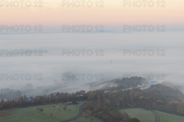 Aichelberg Alb climb of the A8 in thick fog on an autumn morning. Lkr. GÃ¶ppingen, Baden-WÃ¼rttemberg, Germany