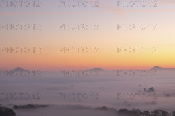 Three Kaiserberge in golden morning light, Hohenstaufen, Aichelberg, Spectacular dawn over the foggy foothills of Baden-WÃ¼rttemberg