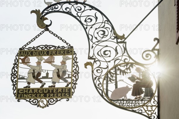 Nose sign of a butcher shop, old town, Colmar, Alsace, France