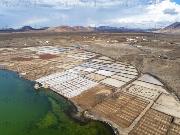 Salt mining plant, Salinas de Janubio with green Laguna de Janubio, near Yaiza, aerial view, Lanzarote, Canary Islands, Spain