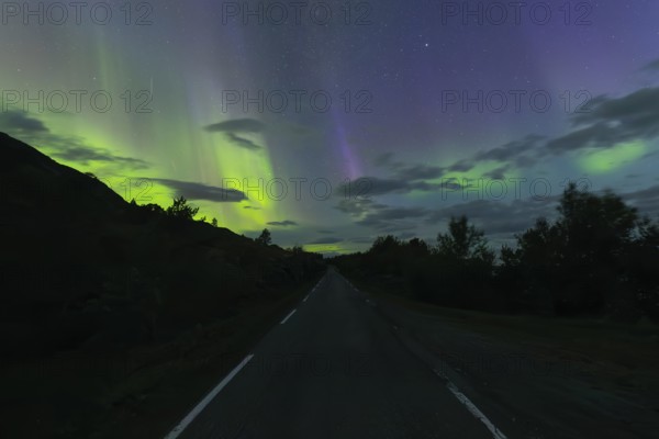 Road with northern lights at dawn at SÃ¸rfolda Fjord near KjerringÃ¸y between BodÃ¸ and SÃ¸rfold in Norway