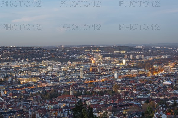 Evening view from Haigst of the glowing city center of Stuttgart Germany