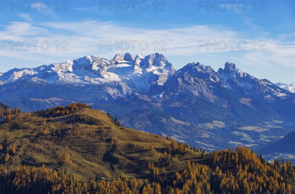 Alpbichlalm with Dachstein massif, autumn, Osterhorn Group, Salzkammergut, Province of Salzburg, Austria