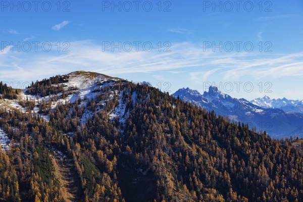 Trattberg Alm with a view of the HochbÃ¼hel and Dachstein Massif, Osterhorn Group, Salzkammergut, Province of Salzburg, Austria
