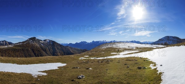 Snowfield on the Trattberg Alm with a view of the Hochwieskopf, Osterhorn Group, Salzkammergut, Province of Salzburg, Austria