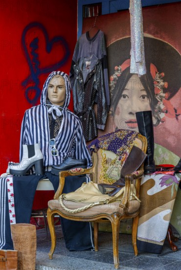 Fashion and quirky At the entrance to a second-hand shop on Hannoverschen StraÃŸe in Berlin Mitte, Germany