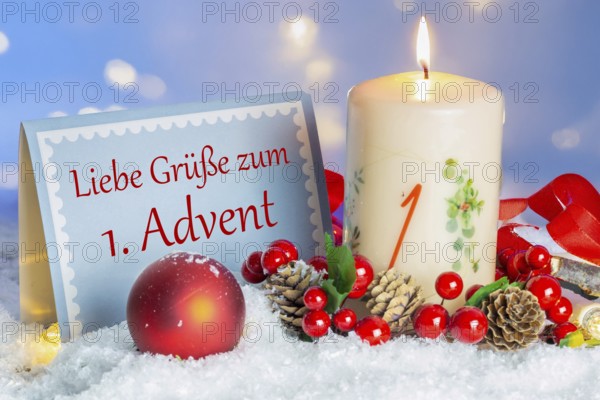 Greeting card with added text GREETINGS FOR THE 1ST ADVENT in addition to an advent candle and Christmas decoration