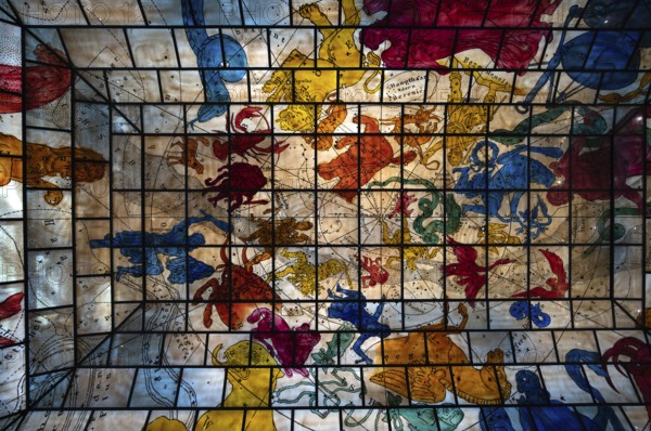 Interior photo, ceiling painting in the glass dome depicting the northern starry sky based on motifs from an old school atlas from 1865, shopping mall, Alsterhaus, Jungfernstieg, Free and Hanseatic City of Hamburg, Germany