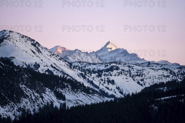 Summit of Grossglockner at sunset in winter, Hochbrixen, Brixen im Thale, Tyrol, Austria