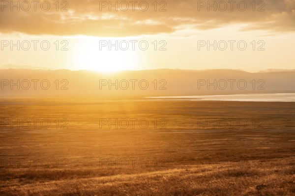 View of savanna landscape at sunrise, atmospheric morning light, view of Ngorongoro Crater, back light, Ngorongoro Conservation Area, Tanzania