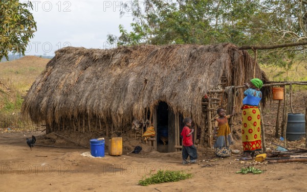 Villagers in a traditional village, mud huts, Sadaani, Tanzania