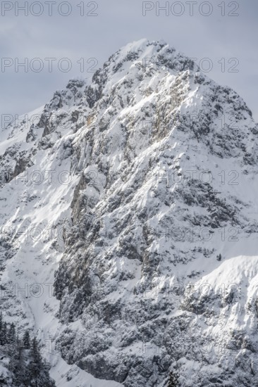View of snowy Waxenstein summit, in winter, Wetterstein Mountains, Garmisch-Partenkirchen, Bavaria, Germany
