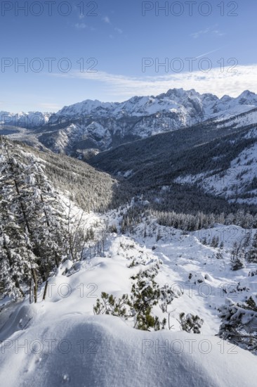 View over snow-covered side valley towards Reintal, snowy mountain landscape, ascent to LÃ¤ngenfelderkopf, Wetterstein Mountains, Garmisch-Partenkirchen, Bavaria, Germany