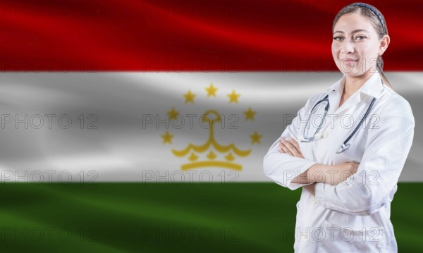 Female doctor on Tajikistan flag. Doctor with crossed arms on Tajikistan flag. Tajikistan health and care concept