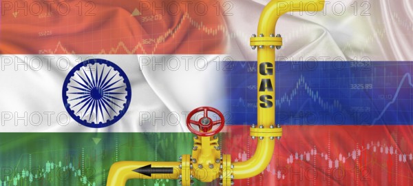 Gas pipeline with Russian and Indian flag. Production and export of Russian gas to India