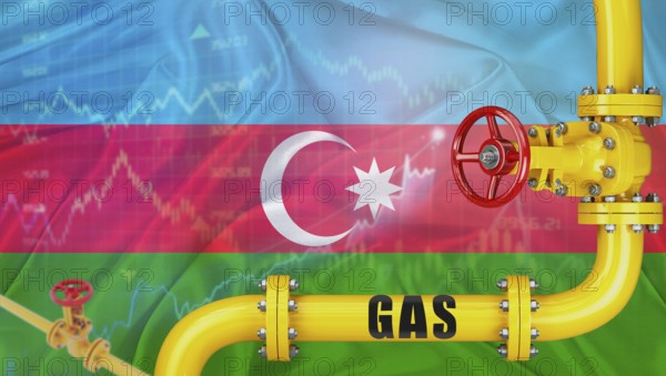 Gas pipeline with Azerbaijan flag in the background. Gas production with Azerbaijani flag on market chart