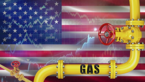 Gas pipeline with USA flag in the background. Gas production with american flag on market chart