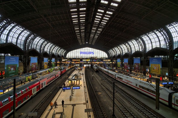 Interior view, ICE, Intercity-Express, RE, Regional-Express, trains, tracks, Philipps, logo, advertising, advertising, Ritter Sport chocolate, platform, travelers, main station, Free and Hanseatic City of Hamburg, Germany