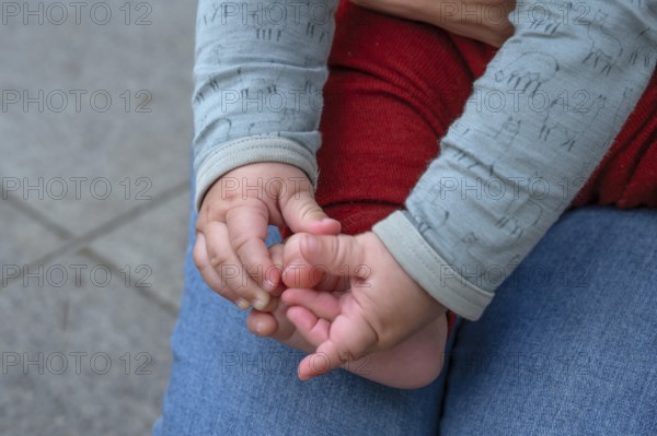 Hands and feet of a baby, half a year old, black and white, Mecklenburg-Vorpommern, Germany