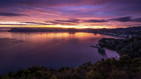 Landscape with sea and sandy beach in New Zealand. View of Lonely Bay and Cooks Beach from Shakespeare Cliff in the morning at sunrise. Colored clouds. Cooks Beach, Coromandel Peninsula, Waikato, New Zealand