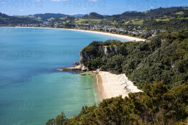 Landscape with sea and sandy beach in New Zealand. View of Lonely Bay and Cooks Beach from Shakespeare Cliff. Cooks Beach, Coromandel Peninsula, Waikato, New Zealand