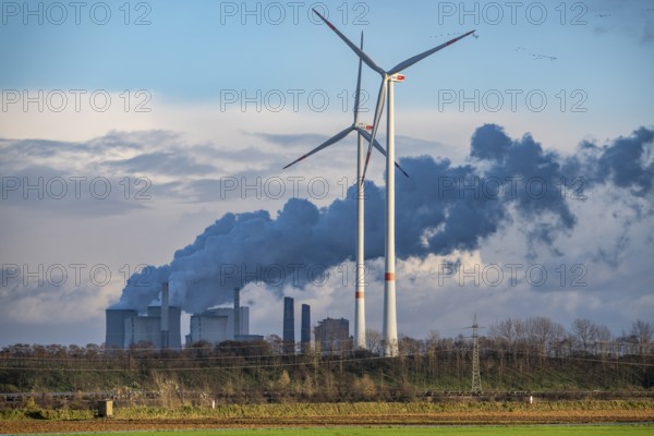 The RWE brown coal power plant in Neurath, wind farm, Rhenish lignite mining district of North Rhine-Westphalia, Germany