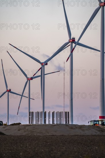 Construction site of the new Bedburg 3 wind farm, on recultivated open-cast mining site, 9 wind power plants with an output of 60 megawatts are being built, finished foundation on which the wind turbine tower is then built, operated by RWE and the city of Bedburg, North Rhine-Westphalia, Germany