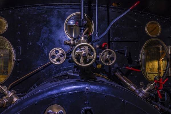 Levers and actuators in the tank car of a historic steam locomotive, Eisenbahnmuseum, Augsburg railway park, administrative district of Swabia, Bavaria, Germany