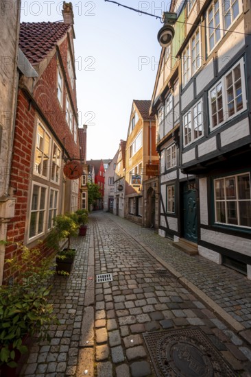 Colourful houses with shops and half-timbered houses in a small alley, picturesque district with nice little houses, Schnoorviertel, Bremen, Germany