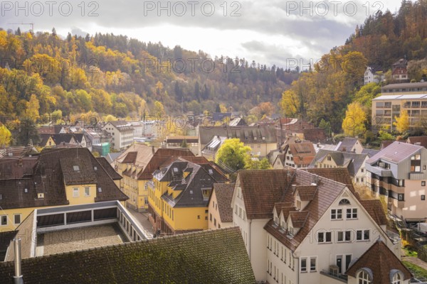 Scattered buildings with various roof shapes in a hilly landscape in autumn, Calw, Black Forest, Germany