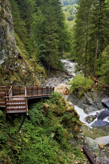 Wooden walkway on the Diosaz mountain river in the gorge, Gorges de la Diosaz, Les Houches, Chamonix-Mont-Blanc, Haute-Savoie, France