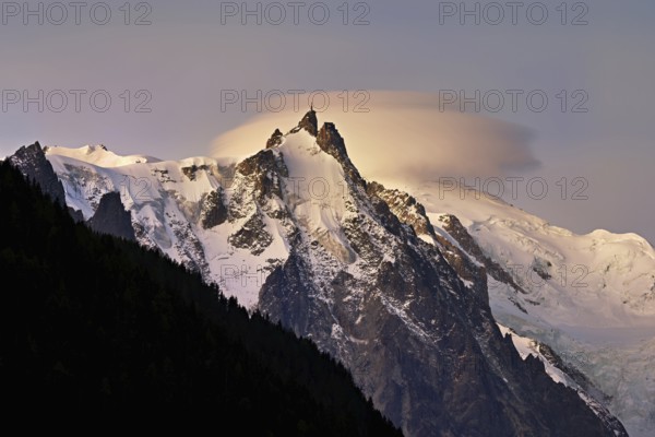 Aiguille du Midi with cloud above the summit, Mont-Blanc, Chamonix-Mont-Blanc, Haute-Savoie, France