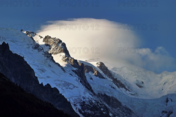 Glaciers in the evening light, in the Mont-Blanc clouds, Chamonix-Mont-Blanc, Haute-Savoie, France