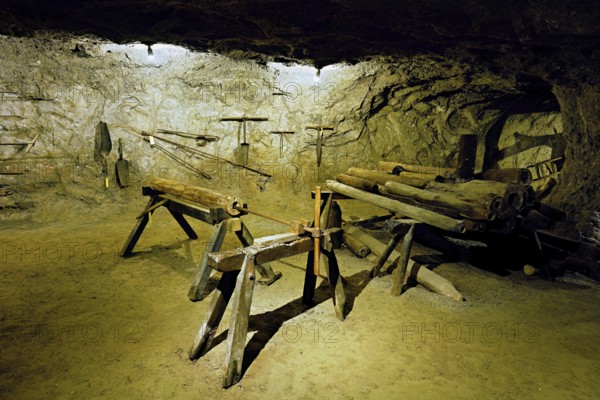 Old tools for salt production on display, salt mine, Bex, Canton of Vaud, Switzerland
