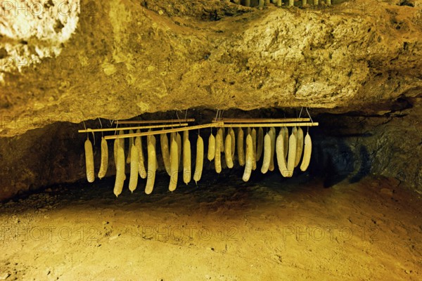 Salami hanged in a tunnel in a salt mine, salt mine, Bex, Canton of Vaud, Switzerland