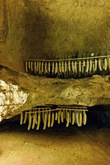 Salami hanged in a tunnel in a salt mine, salt mine, Bex, Canton of Vaud, Switzerland