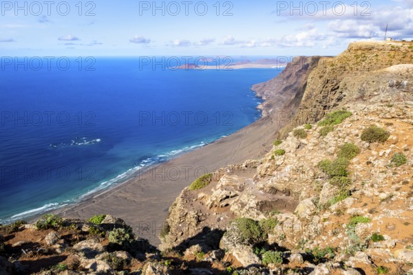 Castillejo viewpoint, view from the Risco de Famara cliff to the coast and the sea, Lanzarote, Canary Islands, Spain