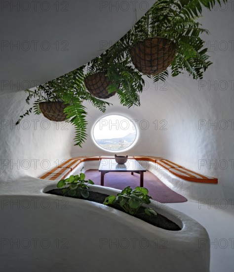 Sitting area, interior at the Mirador del RÃ­o viewpoint, designed by artist César Manrique, Lanzarote, Canary Islands, Spain