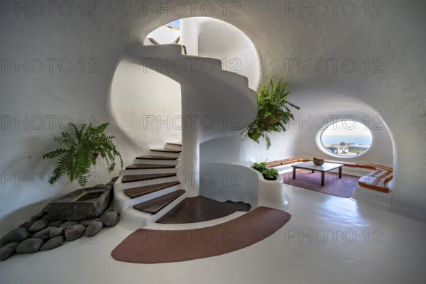 Staircase and sitting area, interior at the Mirador del RÃ­o viewpoint, designed by artist César Manrique, Lanzarote, Canary Islands, Spain